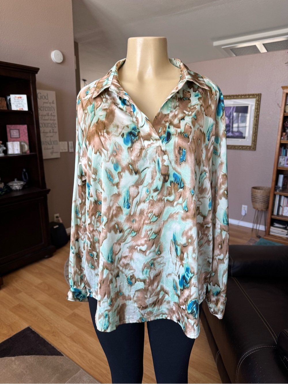 BTFBM brown, blue & white silky V-neck blouse-size XL